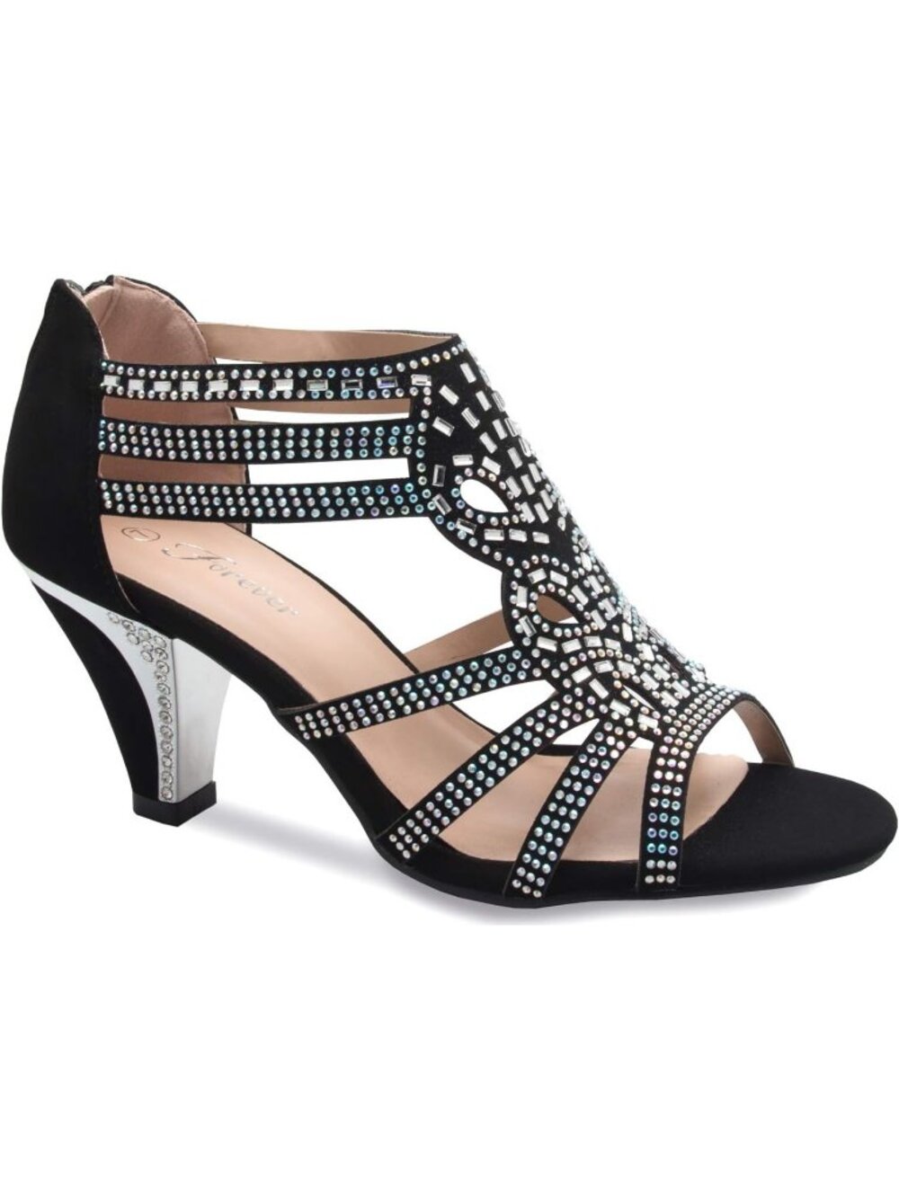 Women's Black Rhinestone Strappy Open Toe Low Cone Heel Wedding Sandals